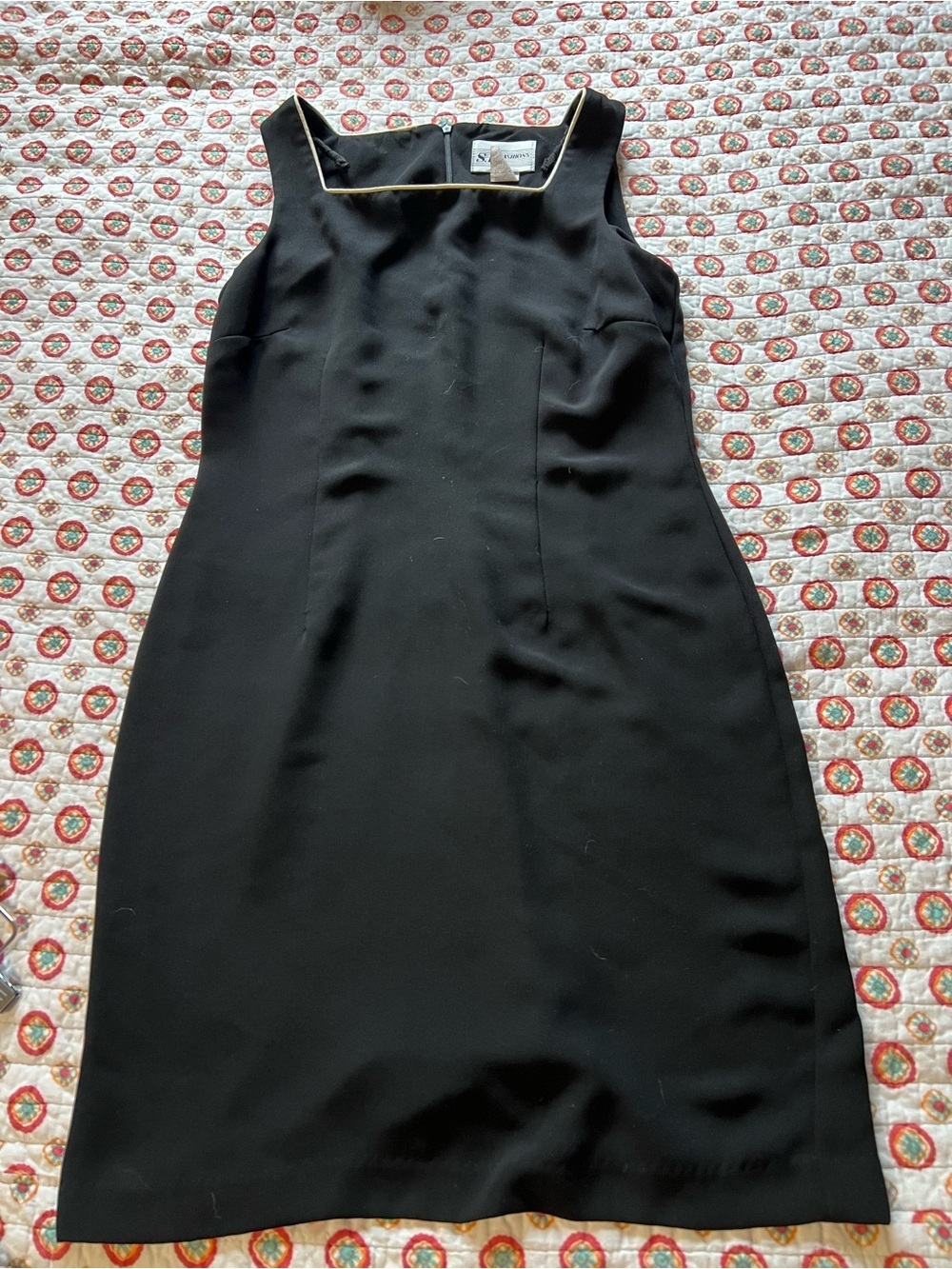 Chic 90s Black Midi Dress White Trim Square Neckline size 6